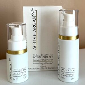 ACTIVE ARGAN 023 ESSENTIALS POWER DUO DAY CREAM 1 OZ REVITALIZING SERUM .5 OZ